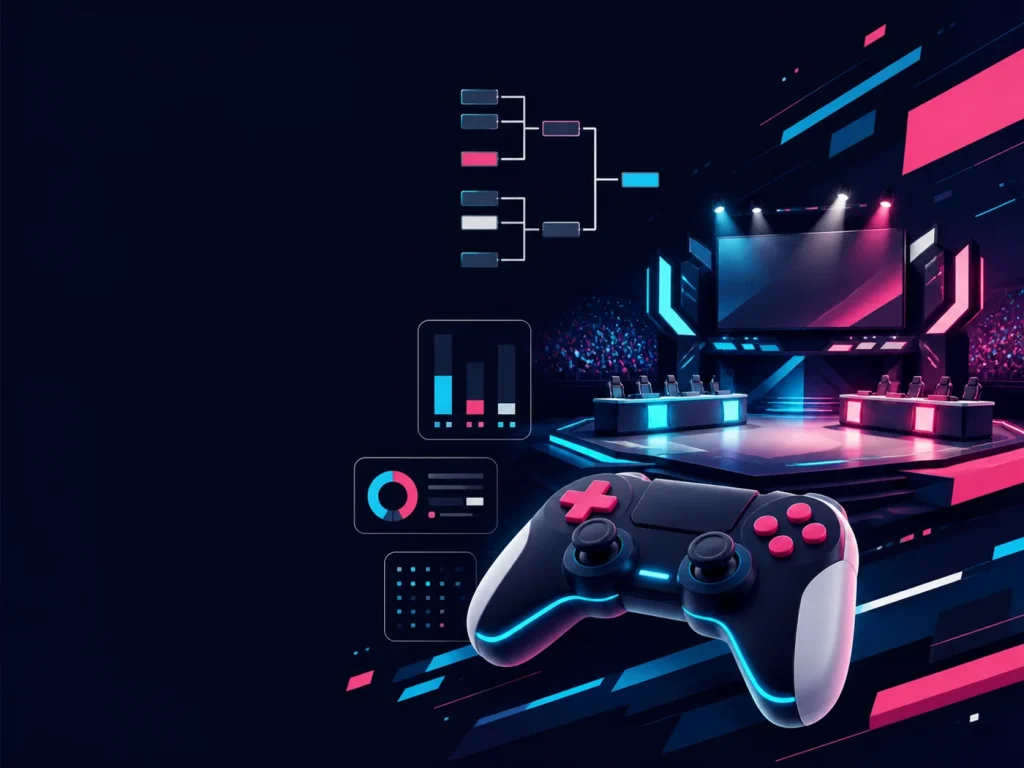 Ilustração editorial abstrata de arena competitiva, chave e painéis de análise