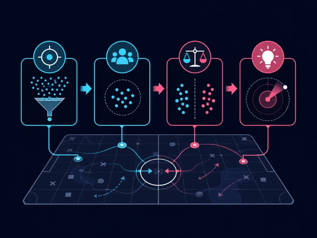 Infográfico abstrato com etapas de fonte, amostra, comparação e contexto em esports